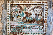 Old Bagan Myanmar. The Mingala Zedi. Well-preserved glazed Jataka plaques. 